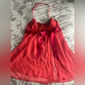 Victorias Secret Very Sexy Halter Orange Red Lace Babydoll Slip Dress Cami 36B